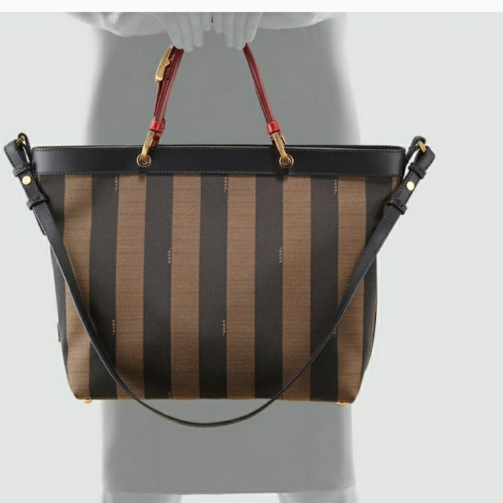 TRADE ONLY- Fendi Pequin Striped Tote Bag, Red - Picture 2 of 9
